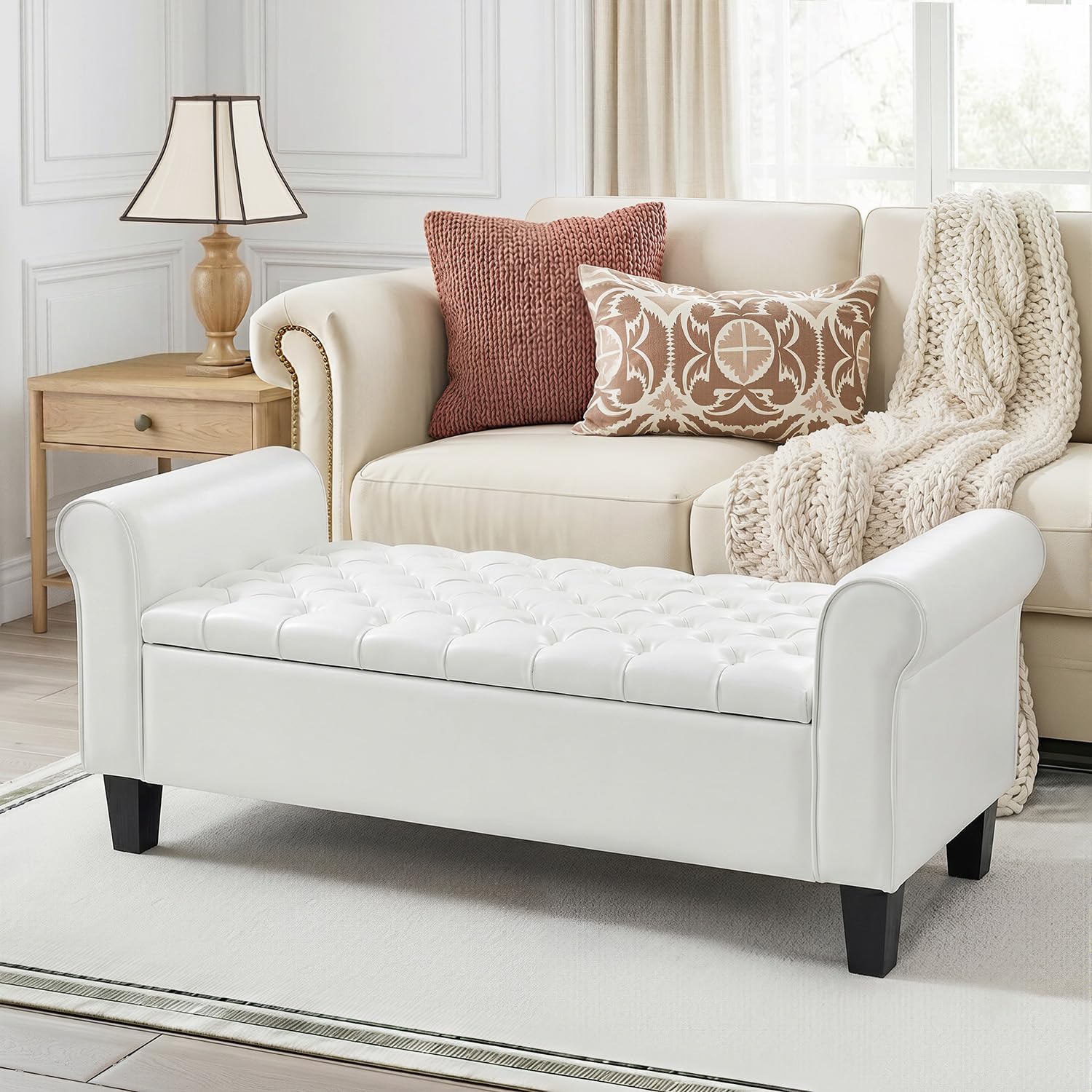 ECOTOUGE 55" Storage Ottoman Bench for Living Room, End of Bed Bench with Rolled Arm Leather Ottoman with Storage Upholstered Entryway Bench Retro Style Footboard Bench for Bedroom, Cream White