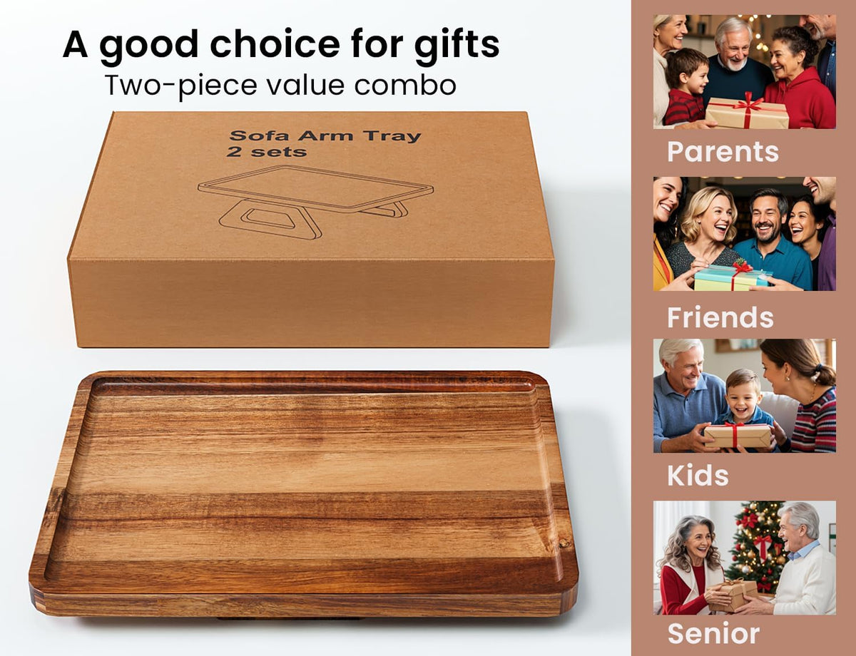 2 Pack Acacia Wood Couch Arm Tray,Couch Tray,Folding Sofa Armrest Trays,Couch Arm Table Clip-On Couch Desk for Drinks,Snacks,Phone,Remote Control