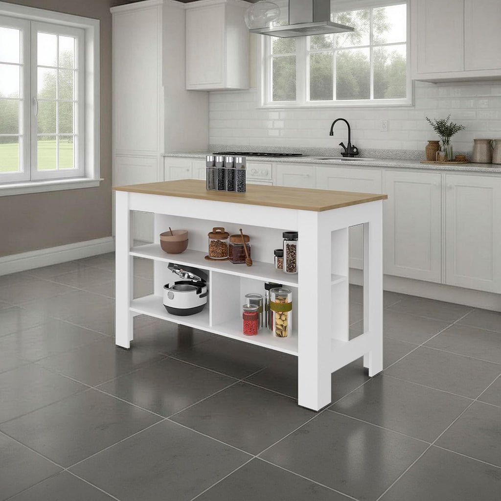 Kitchen Island with Open Storage Shelves for Home Organization | White and natural oak finish with open shelving for access