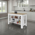 Kitchen Island with Open Storage Shelves for Home Organization | White and natural oak finish with open shelving for access