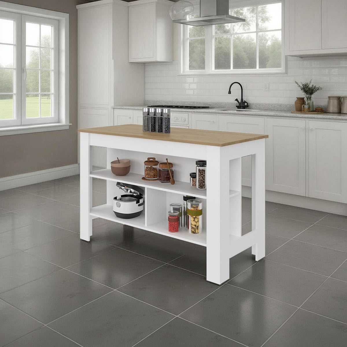 Kitchen Island with Open Storage Shelves for Home Organization | White and natural oak finish with open shelving for access