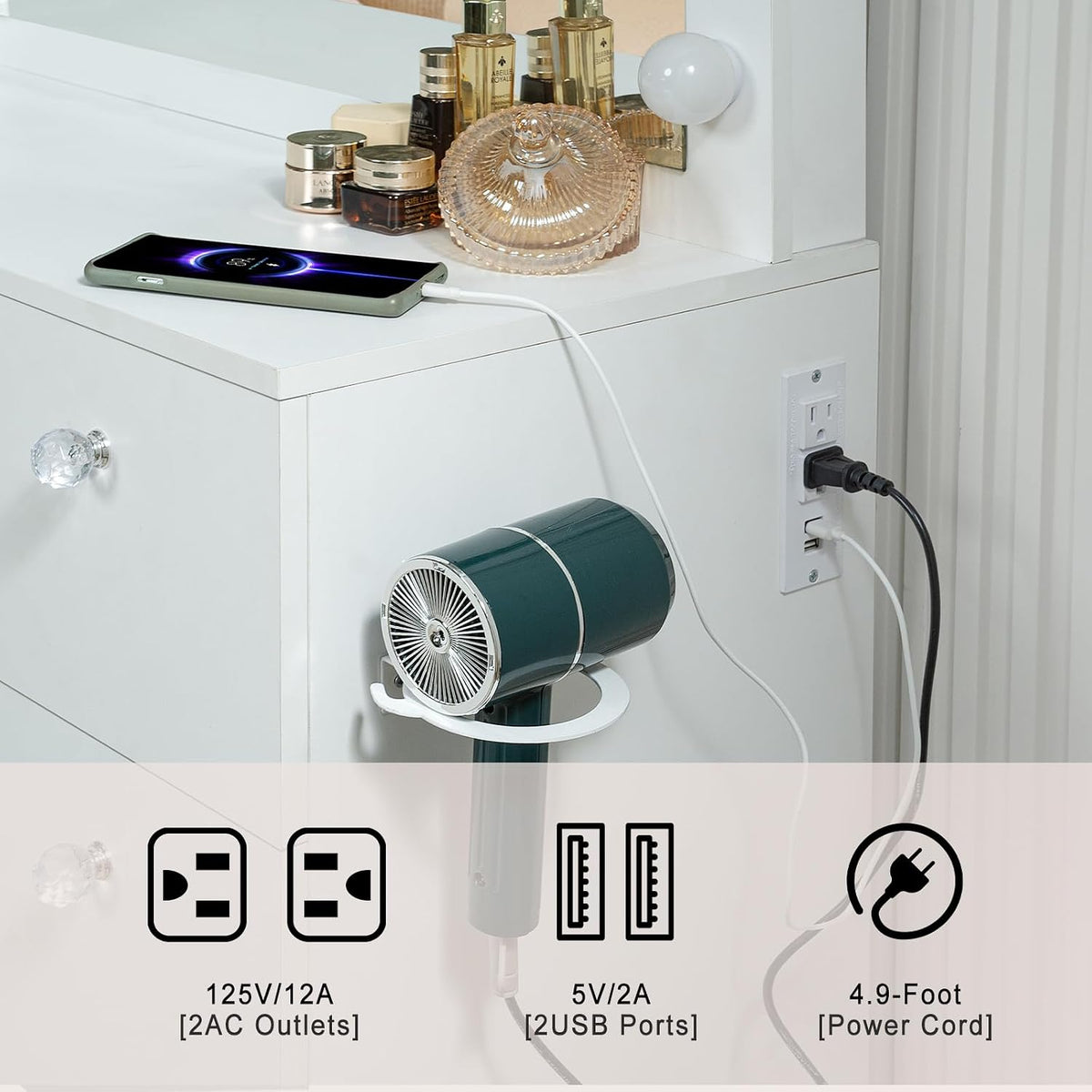 SweetGO 46" LED Lighted Makeup Vanity Desk, 7 Smooth-Glide Drawers, USB & AC Charging Station, Adjustable 3 Light Modes, Cushioned Stool Included, White