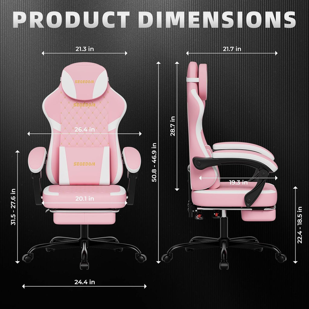 Ergonomic Gaming Chair with Footrest & Massage Lumbar Pillow, Height Adjustable 360° Swivel Computer Chair, Linked Armrest & Headrest for Office Gaming (Pink White)