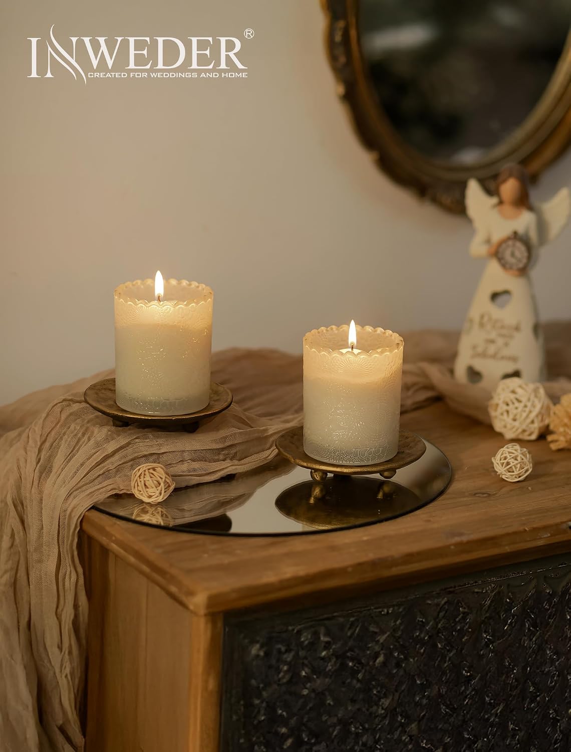 Cast Iron Candle Holder: 4.6 in Pillar Gold Candle Plate Brass Pedestal Stand Vintage Decorative Tray for 3 Wick Jar Candles Tealight Votive for Table Home Christmas Set of 2
