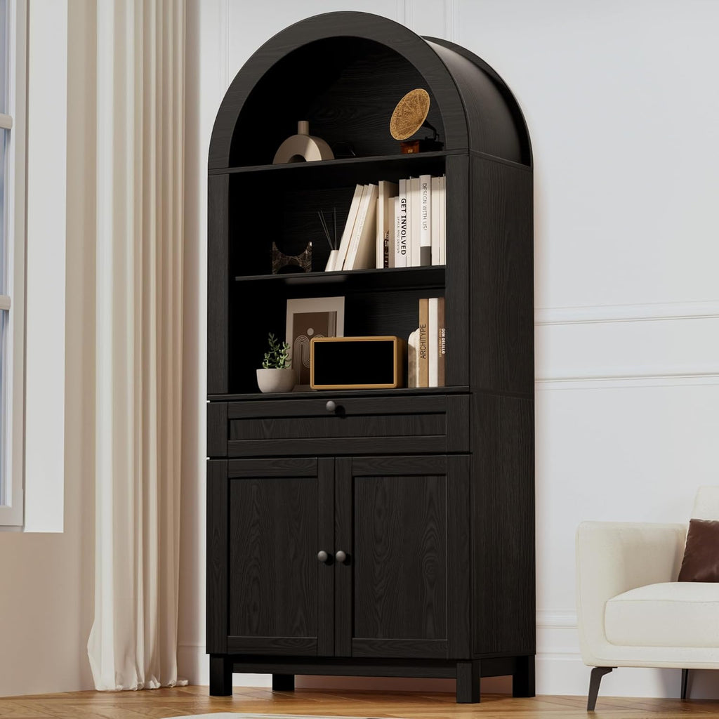 Arched Pantry Cabinet, 71" Kitchen Pantry Cabinet with Smooth Gliding Drawers and Adjustable Shelf, Wood Storage Cabinets Anti-Tipping, Modern Farmhouse for Living Room, Dining Room (Black)