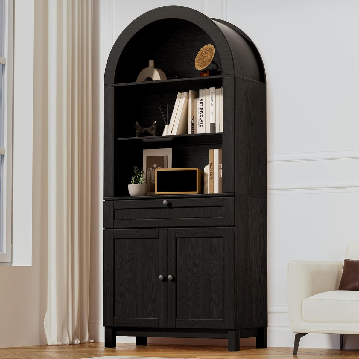 Arched Pantry Cabinet, 71" Kitchen Pantry Cabinet with Smooth Gliding Drawers and Adjustable Shelf, Wood Storage Cabinets Anti-Tipping, Modern Farmhouse for Living Room, Dining Room (Black)
