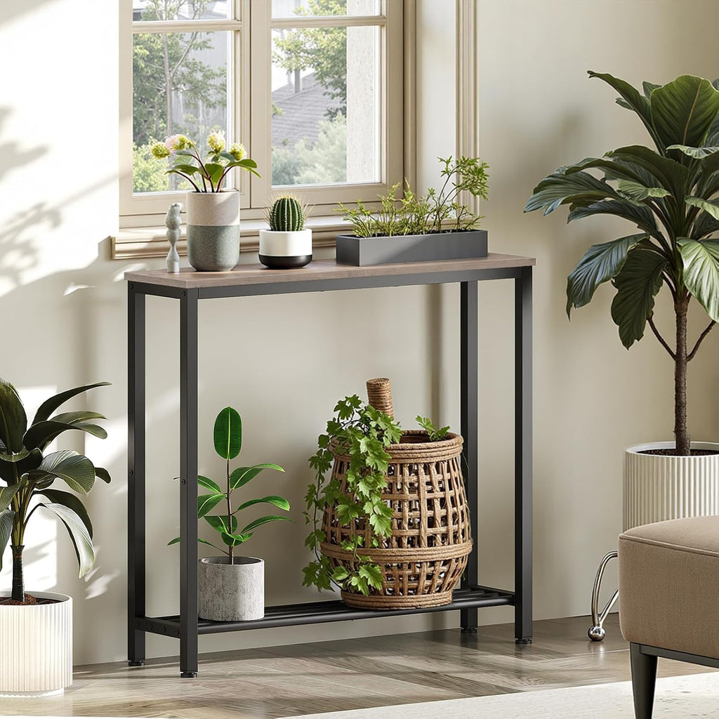 YATINEY Narrow Console Table, 2-Tier Small Sofa Table, 29.5" Thin Entryway Behind Couch Table with Shelves, Industrial Hallway Table, for Living Room, Foyer, Greige and Black CT03BG