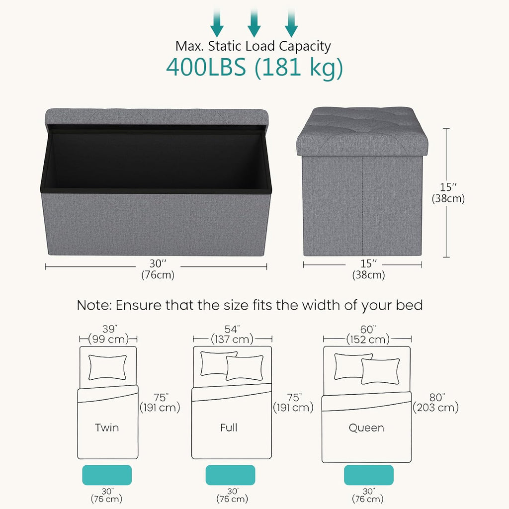 30 Inches Storage Ottoman, Folding Storage Ottoman Bench,Ottomans Foot Rest, End of Bed Bench 400LBS, Ottomans Bench Storage for Bedroom, Entryway, Living Room, Grey, 15" D x 30" W x 15" H