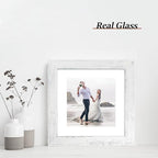 8x8 Picture Frames Set of 4 with Real Glass, Distressed White Frame Display 6x6 Pictures with Mat or 8 x 8 Without Mat, Wood Square Photo Frame for Wall Mount and Tabletop Display