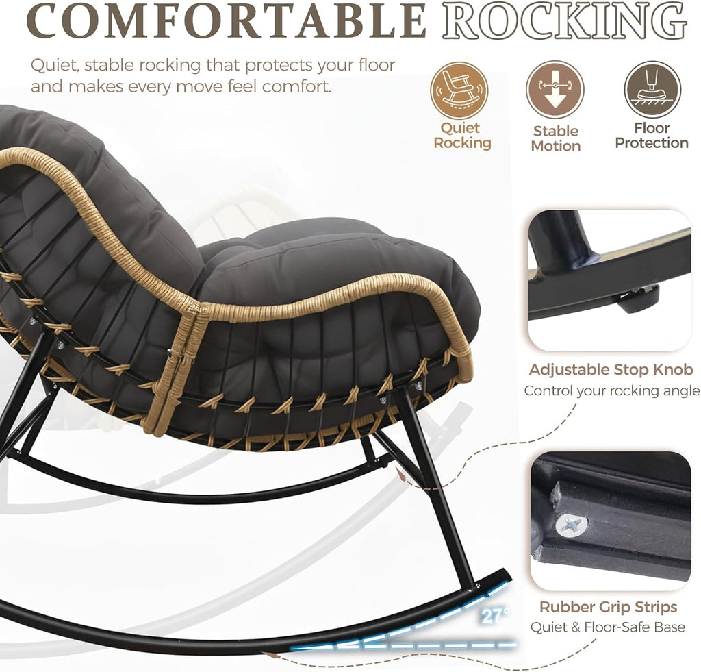 FINCATI Indoor Outdoor Papasan Rocking Chair, Large Rocking Lounge Chair