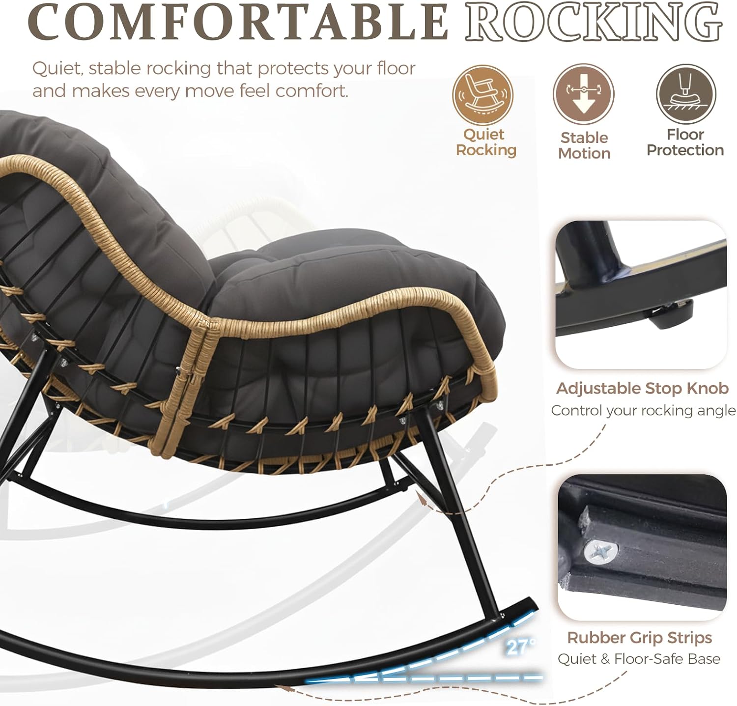 FINCATI Indoor Outdoor Papasan Rocking Chair, Large Rocking Lounge Chair