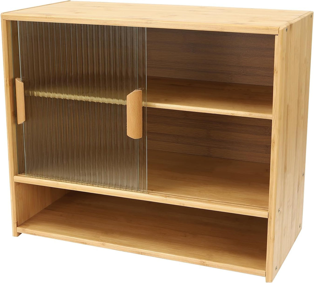 Small Bamboo Kitchen Pantry Sideboard w/ 2 Sliding Striped Glass Doors, Freestanding Countertop Storage Cabinet w/Adjustable Height, 3-Tier Kitchen Cabinet Utility Cupboard for Bottles, Dish, Bowl