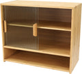 Small Bamboo Kitchen Pantry Sideboard w/ 2 Sliding Striped Glass Doors, Freestanding Countertop Storage Cabinet w/Adjustable Height, 3-Tier Kitchen Cabinet Utility Cupboard for Bottles, Dish, Bowl