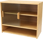 Small Bamboo Kitchen Pantry Sideboard w/ 2 Sliding Striped Glass Doors, Freestanding Countertop Storage Cabinet w/Adjustable Height, 3-Tier Kitchen Cabinet Utility Cupboard for Bottles, Dish, Bowl