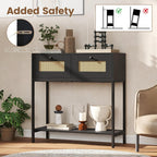 GOFLAME Rattan Console Table, Boho Entryway Table with 2 Drawers & Open Storage Shelf, Narrow Long Sofa Table with Metal Legs, Foyer Table Behind Couch Table for Living Room, Hallway, Black