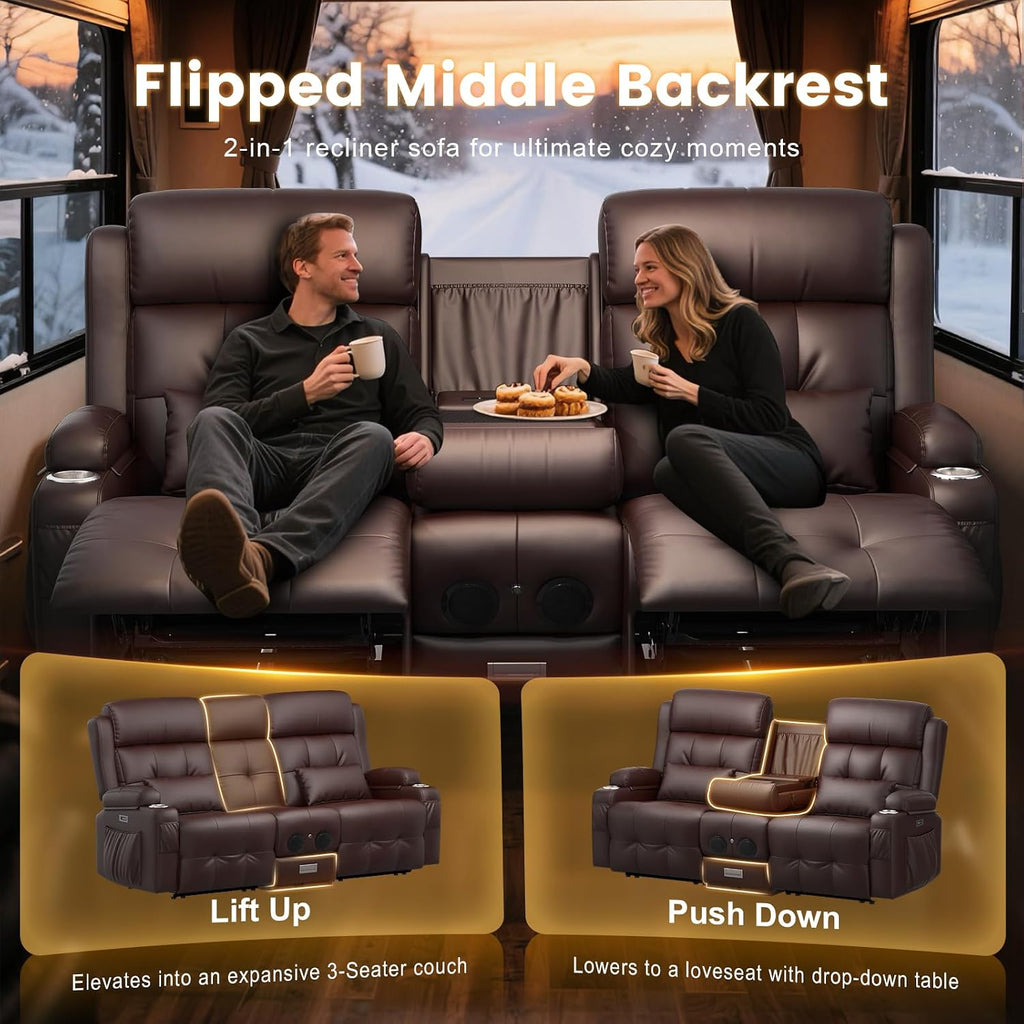 Power Loveseat Recliner Sofa with Massage & Heating, Zero Wall Hugger RV Reclining Couch with Bluetooth Speakers, LED Lights, Pillow, Drawer, USB Charging & Power Outlet for Home Theater & Gaming Room