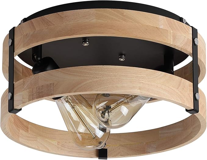 Modern Farmhouse Flush Mount Light Fixture Two-Light Metal and Wood Round Drum Rustic Flush Mount Ceiling Light for Hallway Bedroom Kitchen Entryway, Light Yellow Wood and Black