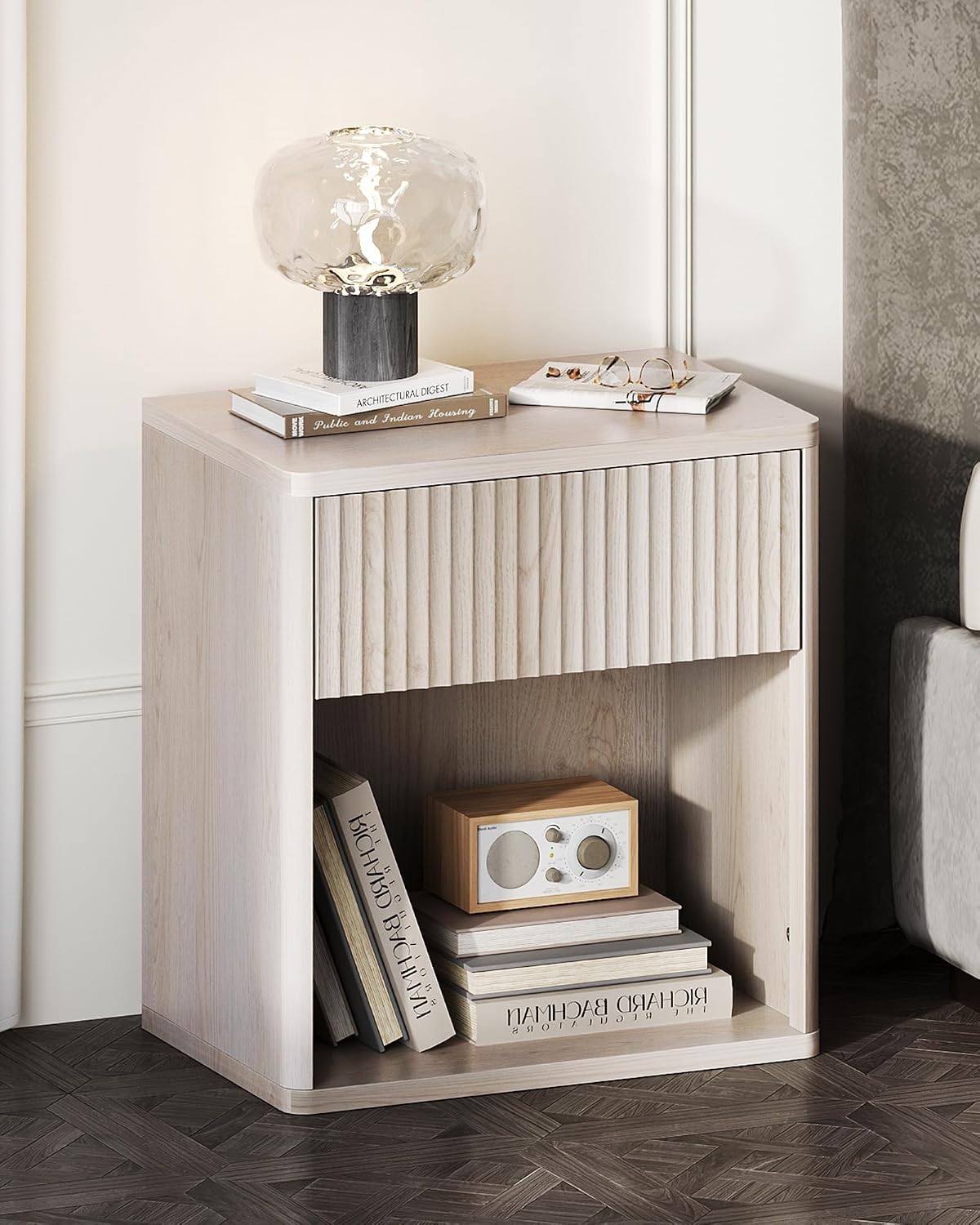 WLIVE Night Stand Set of 2, Wood Nightstand Sets with Storage Drawer and Open Shelf, Fluted Bedroom Nighstands, Mid Century Bed Side Table, End Tables Living Room, Dorm, Home Office, White Alder
