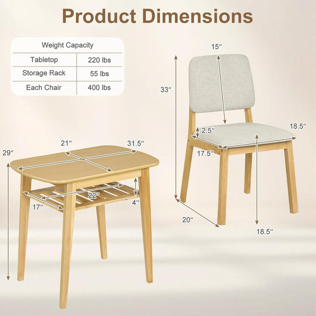 Giantex Dining Table Set for 2, Space Saving Kitchen Table and Chairs Set w/Rubber Wood Frame, Storage Rack, Padded Seats & Backrests, Dinette Set for Small Space, Apartment, Dining Room, Natural