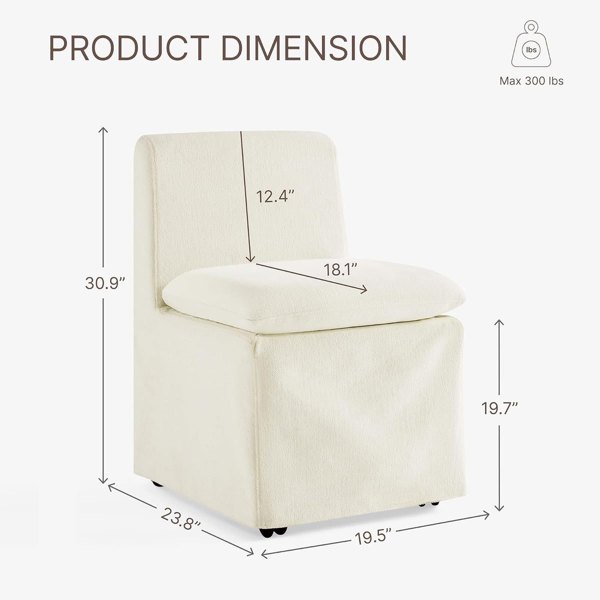 KISLOT Upholstered Dining Chairs Set of 2 with Casters, Modern Armless Kitchen Chairs with Removable Washable Cover, Chenille Velvet Fabric, Sturdy Metal & Wood Frame, 19.5" Seat Height, Linen