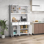 77" Large Kitchen Hutch with Charging Station, LED Pantry Cabinet with Microwave Shelf, Tall Cupboard with 4 Adjustable Shelves, 3 Drawers & Glass Doors, Dining Room Buffet with Hutch, White