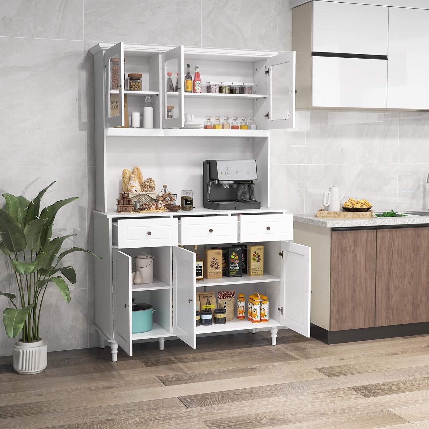 77" Large Kitchen Hutch with Charging Station, LED Pantry Cabinet with Microwave Shelf, Tall Cupboard with 4 Adjustable Shelves, 3 Drawers & Glass Doors, Dining Room Buffet with Hutch, White