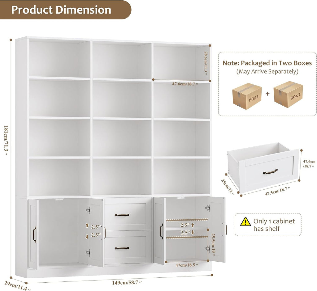 HOSTACK 71" Tall Triple Wide Bookshelf with Storage Drawers & Doors, White