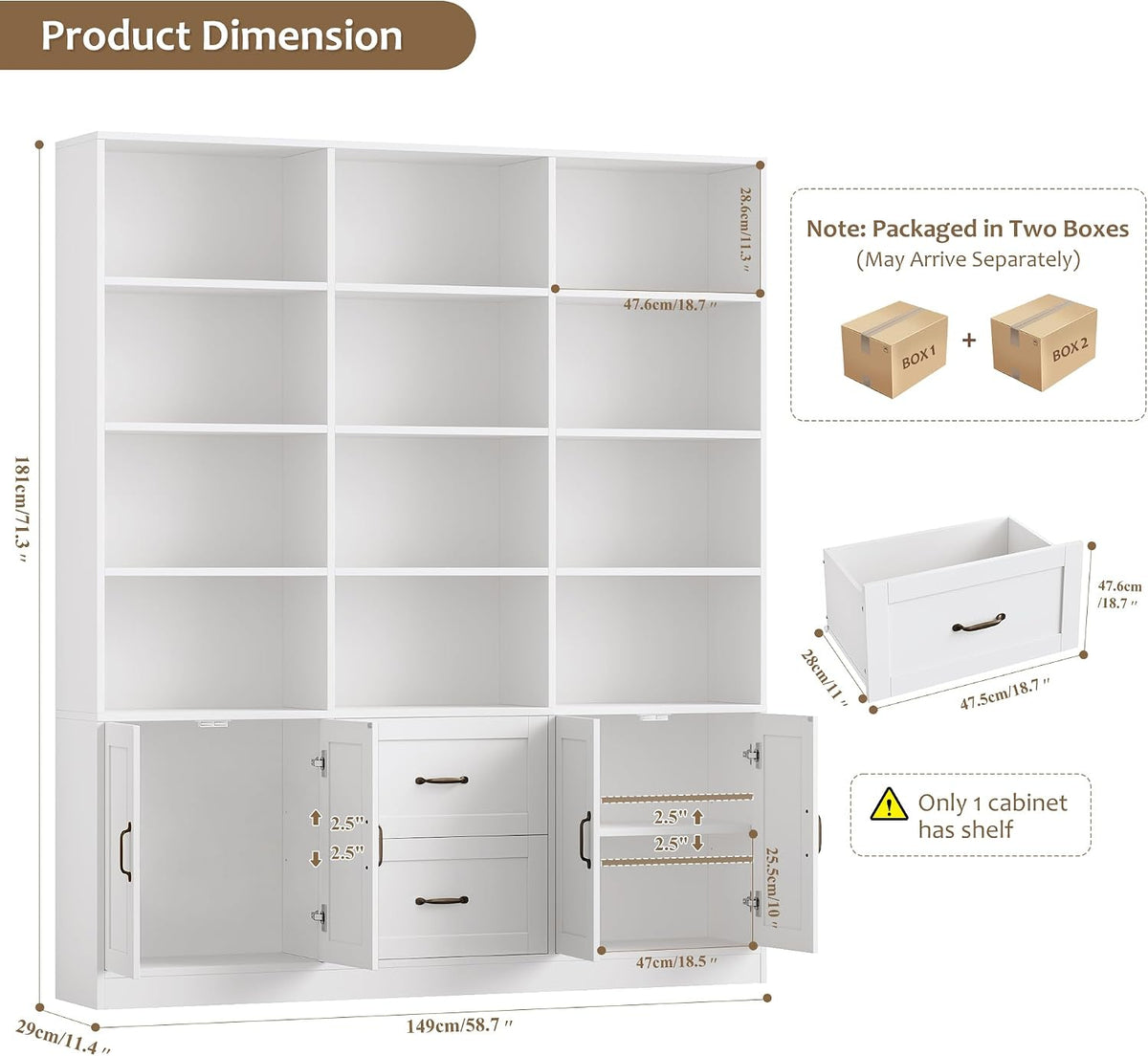 HOSTACK 71" Tall Triple Wide Bookshelf with Storage Drawers & Doors, White