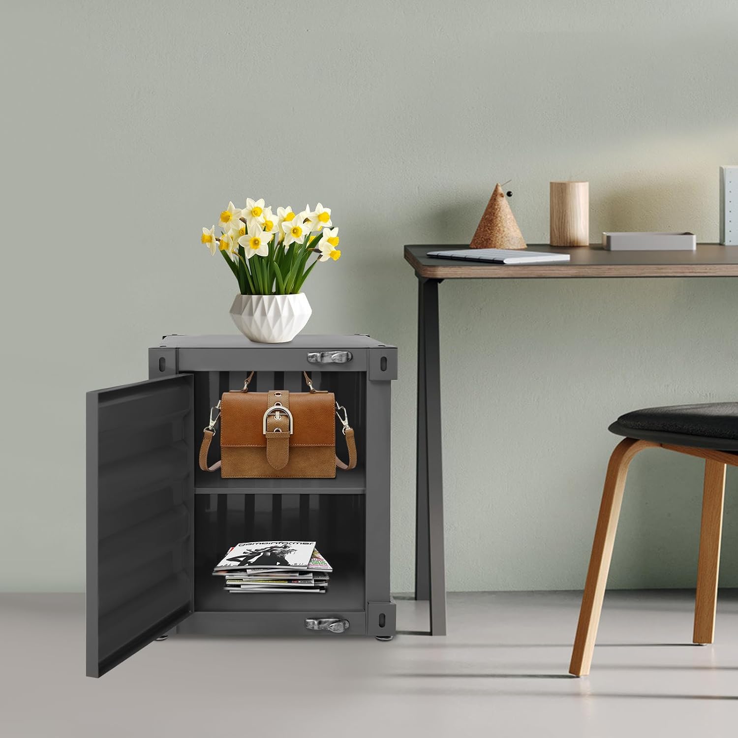 Industrial Iron Container Cabinet with Lock, Metal Side Table for Living Room Bedroom, Locker End Table with Storage Cabinet (Black)