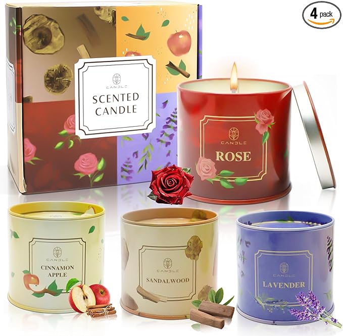 Scented Candles 4 Pack Soy Wax Long Lasting Rose Lavender Sandalwood Apple Fragrance Gifts for Women Mother's Day Thanksgiving Day Christmas Day