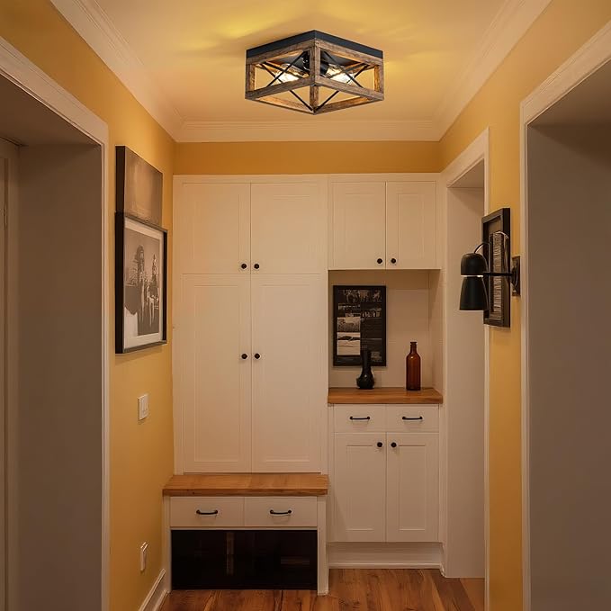 MAYNA Farmhouse Flush Mount Ceiling Light, 2-Light Rustic Ceiling Light with Metal and Wood, Farmhouse Hallway Light Fixtures for Kitchen Entryway Bedroom Dining Room