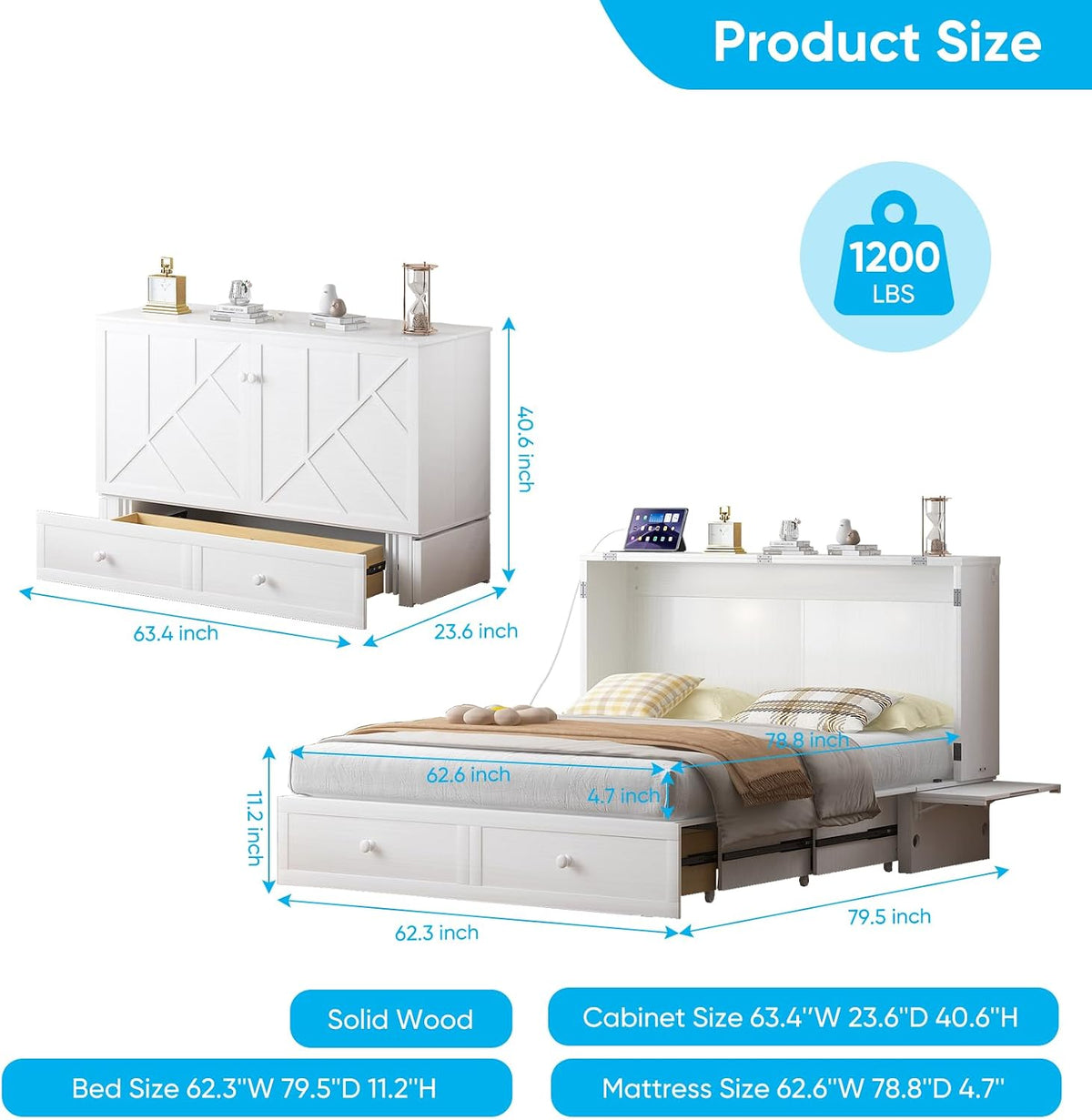 Mjkone Murphy Cabinet Bed Queen Size, White(No Mattress) | Storage Drawers, USB Charging Station,Wall Hideaway Guest Chest Cabinet Bed for Living Room Bedroom Home Office