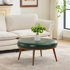 Round Ottoman, Large Faux Leather Footstool and Coffee Table, Cushioned Backless Chair for Living Room & Bedroom, Padded Seat Footrest, (Green)