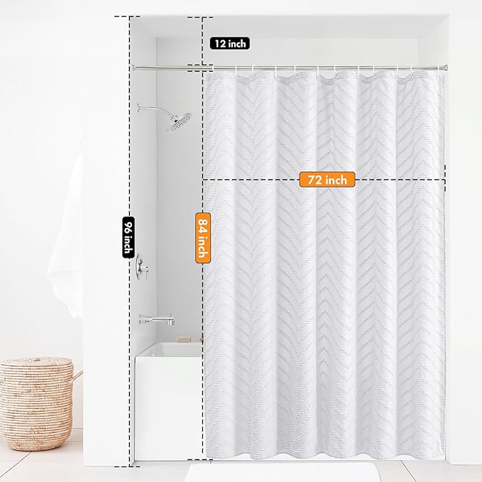 Extra Long Shower Curtains 72 x 84 Inches White Tufted Chevron Striped Fabric Shower Curtains for Bathroom Modern Shabby Chic Waterproof Cloth Shower Curtain, White
