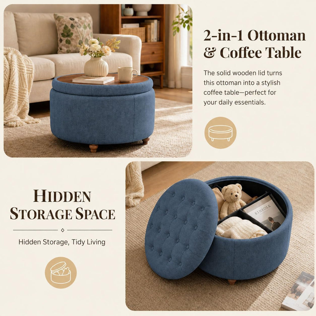 25" Round Ottoman with Storage, Small Coffee Table with Reversible Tray Lid | Tufted Fabric Round Storage Ottoman with Solid Wood Legs, 3-in-1 Footrest for Living Room, Bedroom, Entryway, Blue