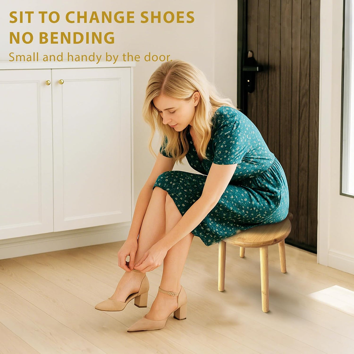 9.8 in Small Wooden Stool, Non-Slip Small Round Stool, Portable and Sturdy, Suitable for Footstools in Bedroom, Bathroom, Kitchen (L)