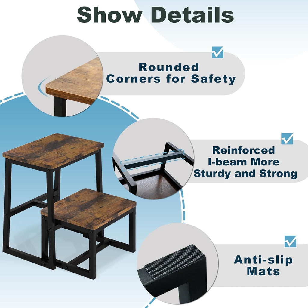 2 Step Stool for Adults Wooden Step Stool with 500 Lbs, Rustic Brown | Kitchen Step Stool, 3 in 1 Heavy Duty Stepping Stool, Tall Bedside Foot Stool for Kichen/Bathroom/Bedroom High Beds, Non-Slip
