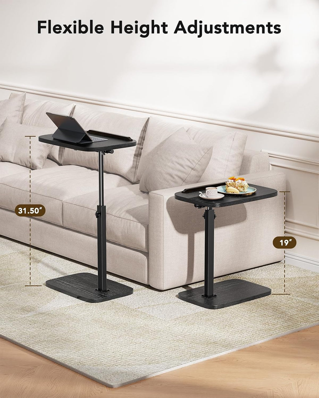 HUANUO TV Tray with Height Adjustment, 360° Swivel, 90° Tilt, Black | 19"–31.5" Height Range, Dual Knobs & Crossbeam for Stability, Anti-slip Bar, Foldable, for Eating & Working Beside Sofa, Bed