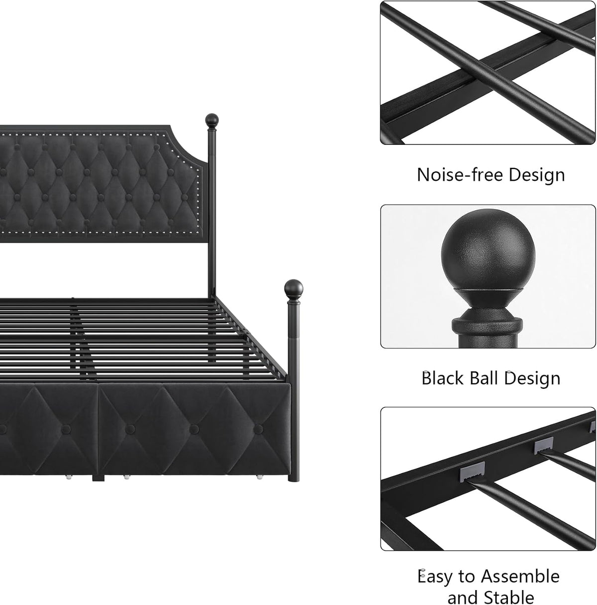 Keyluv King Upholstered Canopy Bed Frame with 3 Storage Drawers & Button Tufted Headboard, Metal Platform Bed with 4 Removable Posts, Two-Purpose Velvet Bed, Dark Grey/Curtain Not Included