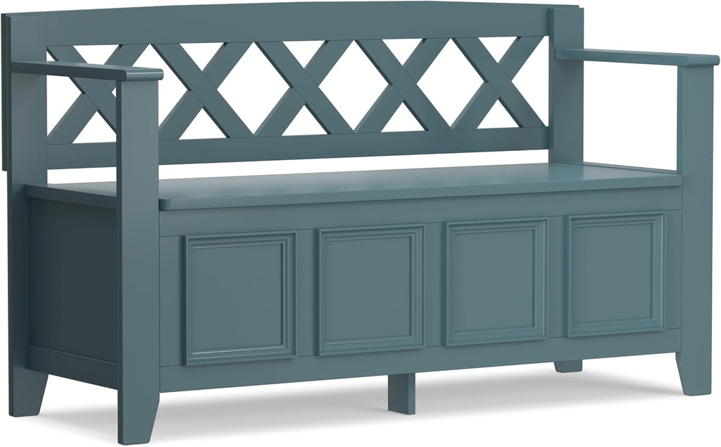 SIMPLIHOME Amherst Entryway Storage Bench - 48 inch Wide Solid Wood Hallway Seat in French Blue, Transitional Bench for Entryway or Living Room with Lift-Up Lid and Spacious Storage