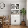 Microwave Cart with Storage, Freestanding Kitchen Pantry Cabinet with Stand & Adjustable Shelves, Farmhouse Multi-Function Organizer with Drawers, Glass Doors for Dining Room Office Dorm, White
