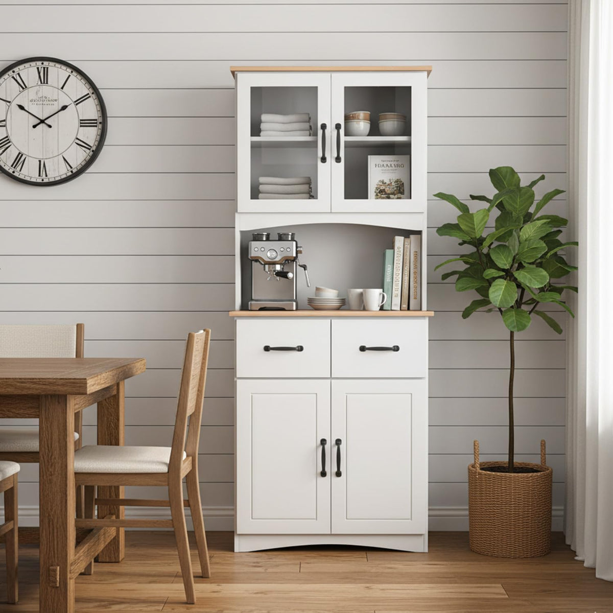 Microwave Cart with Storage, Freestanding Kitchen Pantry Cabinet with Stand & Adjustable Shelves, Farmhouse Multi-Function Organizer with Drawers, Glass Doors for Dining Room Office Dorm, White