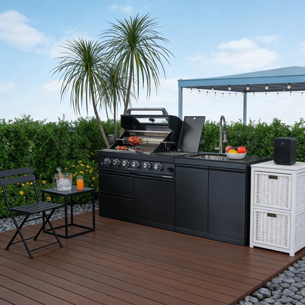 Premium Stainless Steel Outdoor Kitchen Island with Built-in Grill, Rotisserie, Wine Cooler, Granite Countertop and Storage