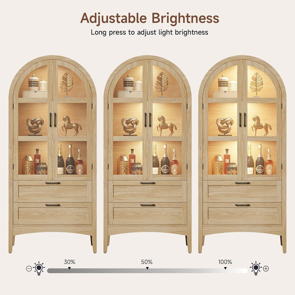 ONBRILL 71" Tall Arched Display Cabinet with LED Lights, Arched Kitchen Pantry with 2 Drawers, Modern Display Storage Cabinets with Adjustable Feet, Pantry Cabinet for Kitchen, Living/Dining Room