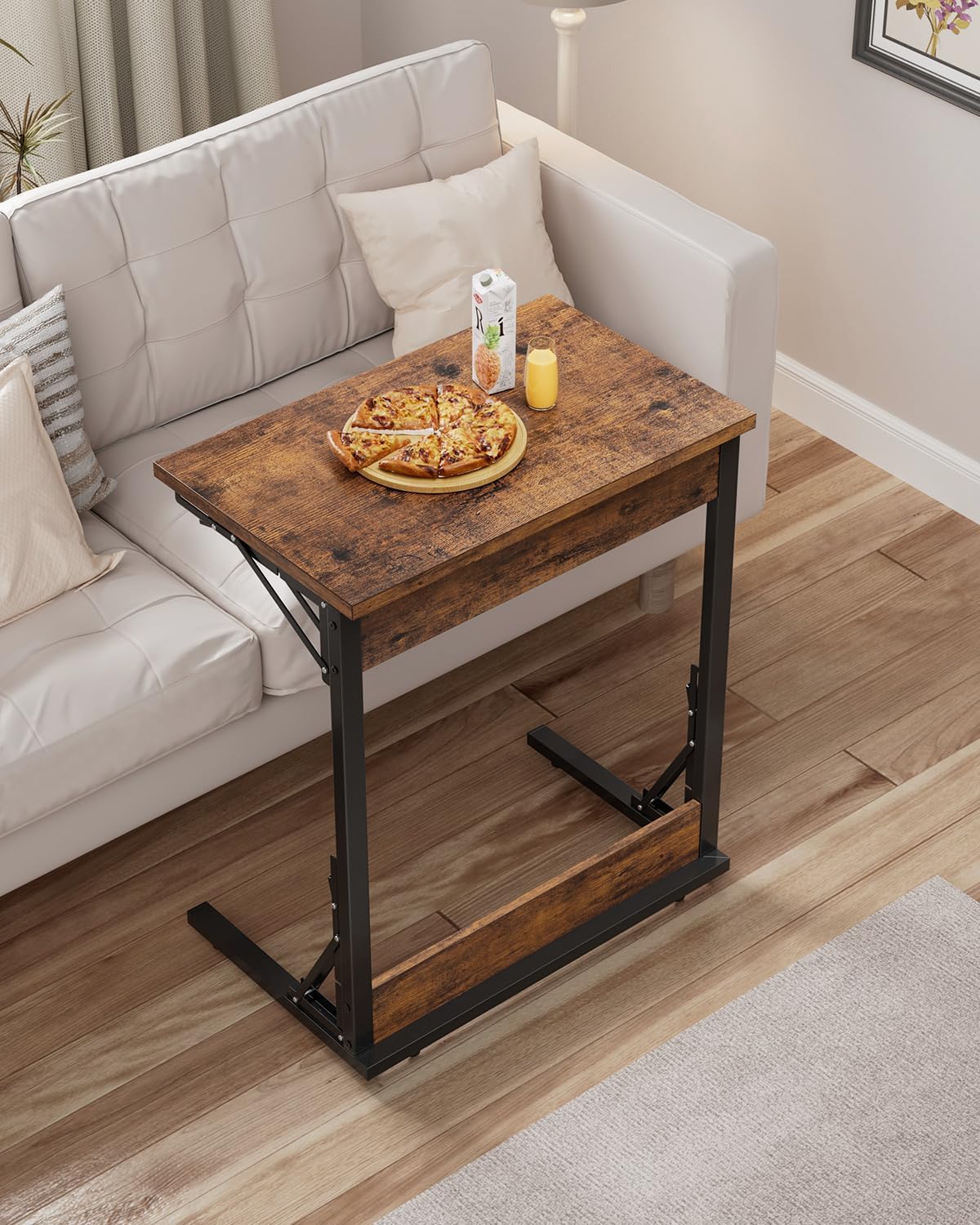Tatub Folding TV Tray 1PCS, 24" Wide C-Shaped Couch Table, Rustic Brown | Small Couch Side C Table, Slide Under Sofa Tray End Table for Living Room, Bedroom