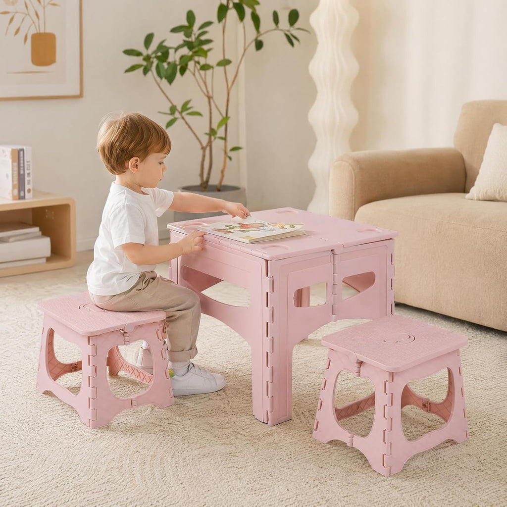 Kids Foldable Table and 2 Chairs Set, Portable Toddler Activity Table with Rounded Corners, PP Plastic Folding Picnic Set for Crafts, Snacks, Playroom, Patio, Indoor Outdoor Use