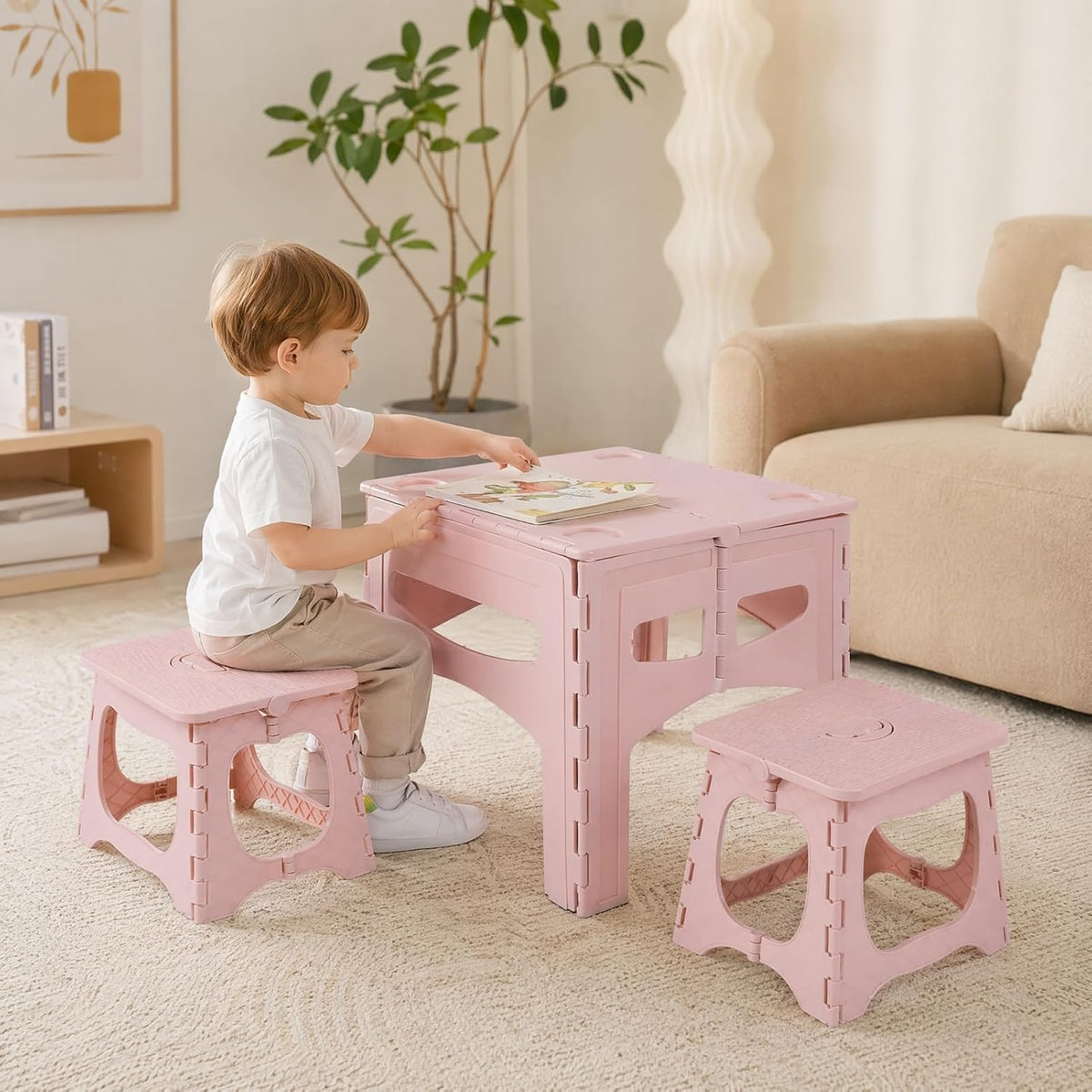 Kids Foldable Table and 2 Chairs Set, Portable Toddler Activity Table with Rounded Corners, PP Plastic Folding Picnic Set for Crafts, Snacks, Playroom, Patio, Indoor Outdoor Use