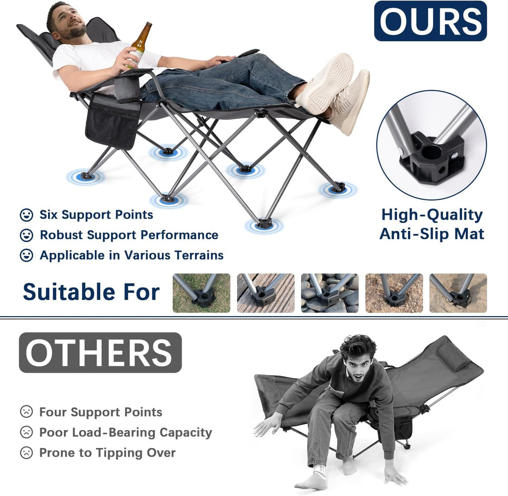apollo walker Reclining Beach Chair, Adjustable 90-135° Backrest Camping Lounge Chairs for Adults, Folding Chair with Foot Rest & Detachable Pillow - Standard 6-Leg, Grey