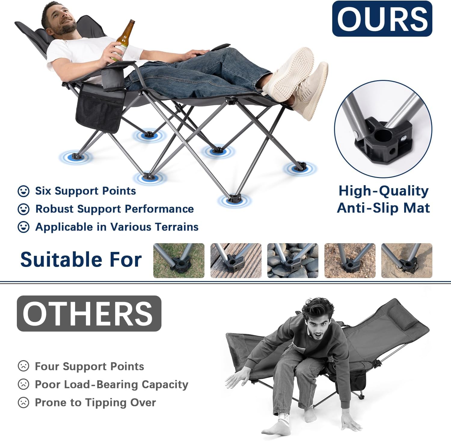 apollo walker Reclining Beach Chair, Adjustable 90-135° Backrest Camping Lounge Chairs for Adults, Folding Chair with Foot Rest & Detachable Pillow - Standard 6-Leg, Grey
