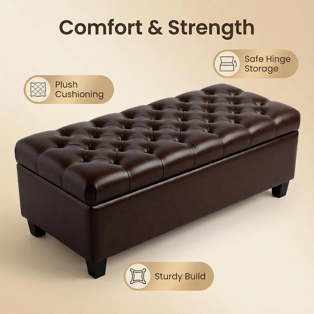 Leather Storage Bench for Living Room, End of Bed Bench with Storage, Large Upholstered Ottoman Benches Entryway Bench with Button-Tufted Shoe Cabinet Ottoman for Dining Room, Hallway, Brown